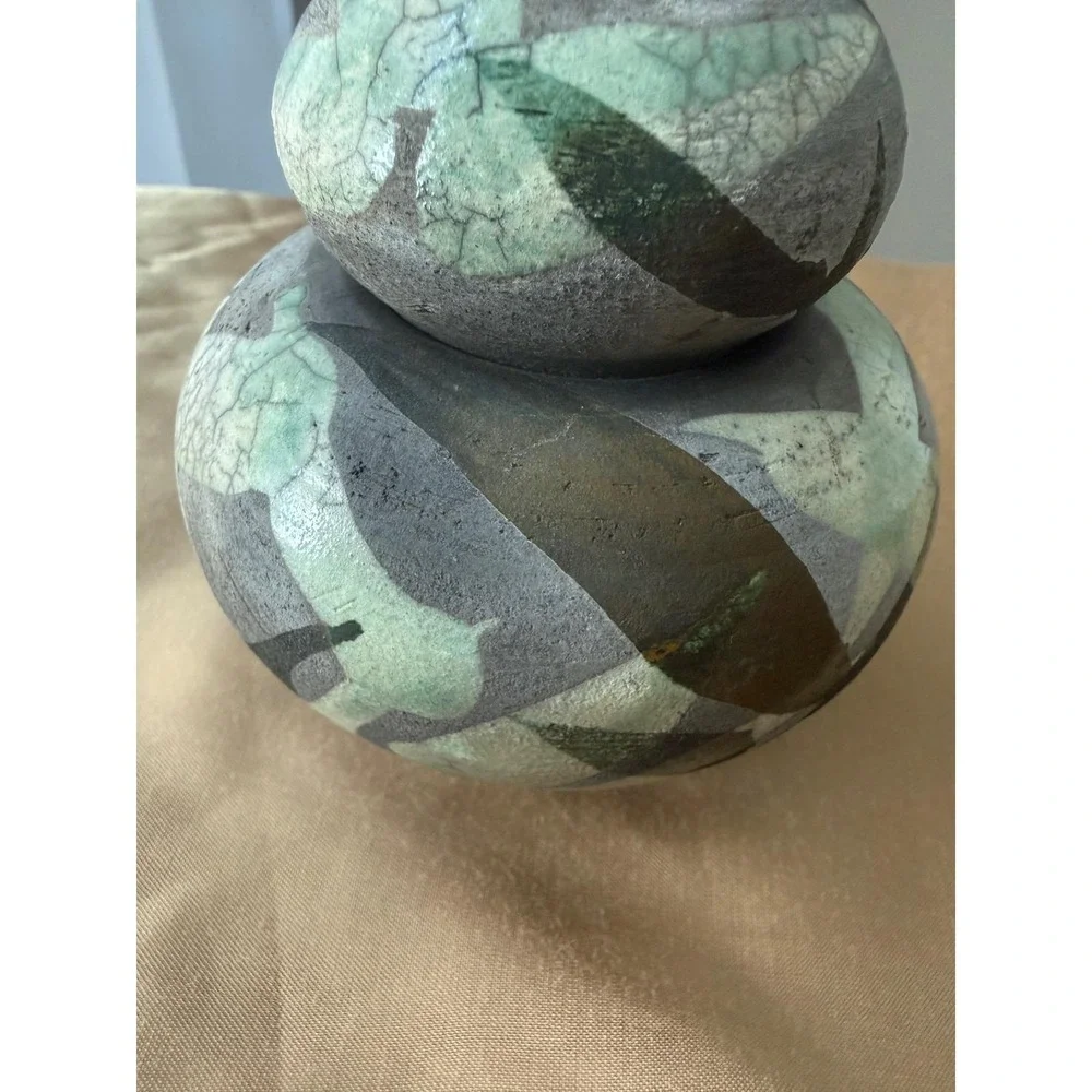 Lynn Dee Studio Pottery Raku Lidded Jar Green Grey Abstract Leaf Signed Art Ware
